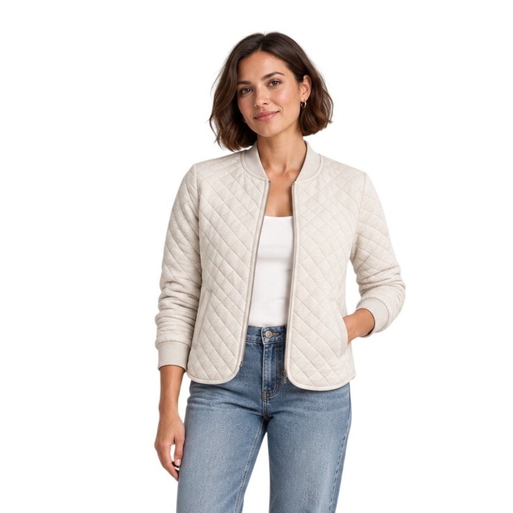 Marine Layer Corbet Quilted Bomber Jacket Oatmeal Heather Medium Full Zip